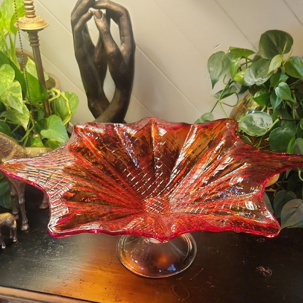 Handblown Glass  Very Large Orange-Red  Handkerchief Bowl on Pedestal